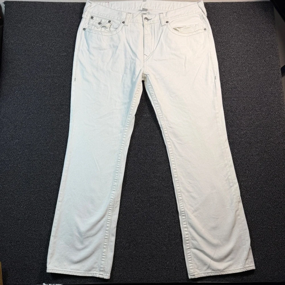 True Religion Straight Leg White Jeans Mens 42x34 Grey Stitch Baggy Wide Leg Y2K